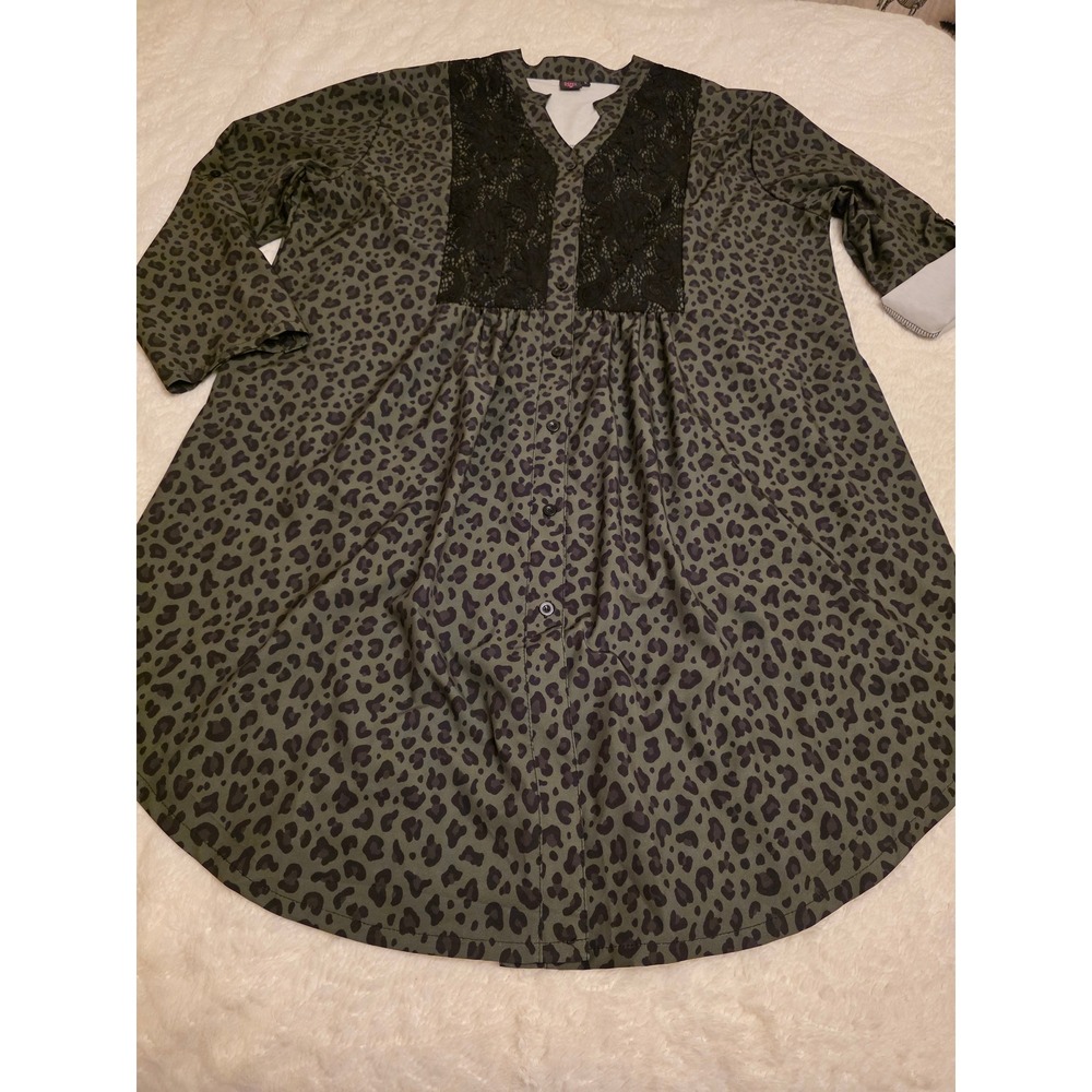 Rebel Raven Olive Green Leopard Print Lace Panel Button Front Tunic Top Large
